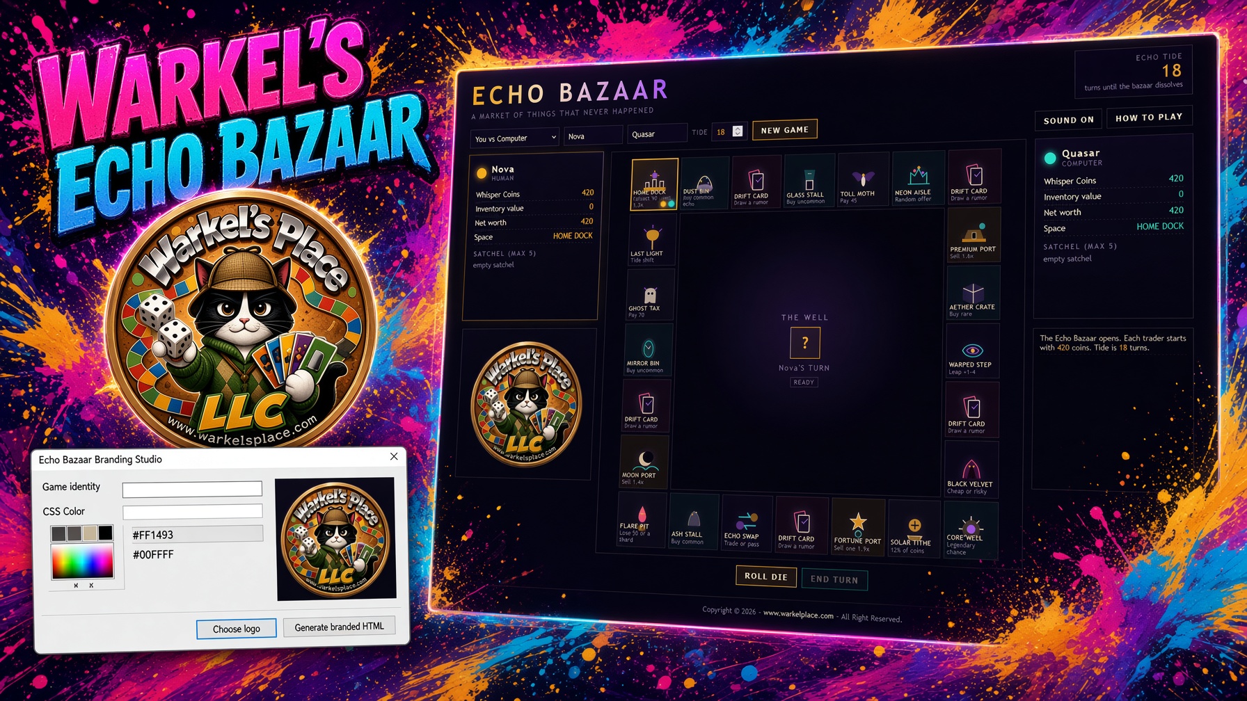 Warkel's Echo Bazaar — game, logo, and branding studio