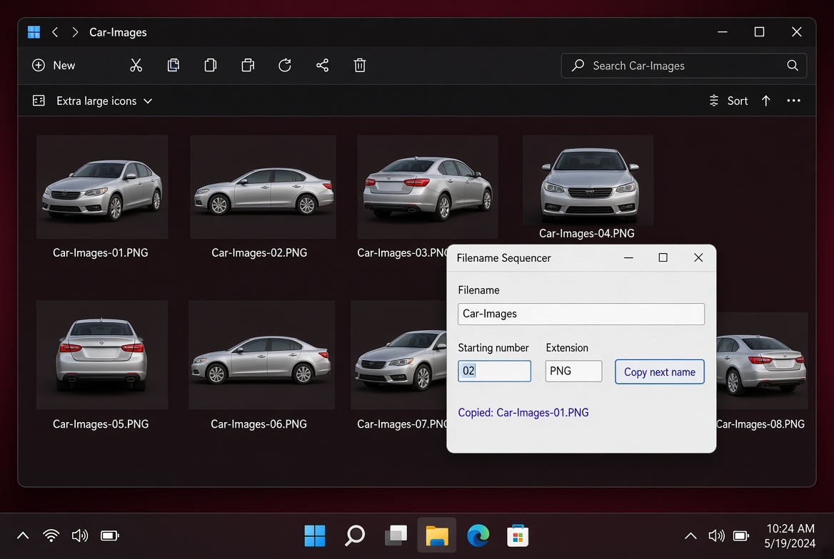 Filename Sequencer floating over a folder of Car-Images-01 through 08 PNG files