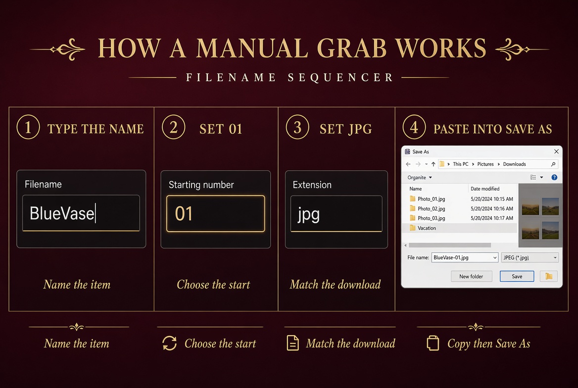 Four-step diagram: type the name, set 01, set jpg, paste into Save As