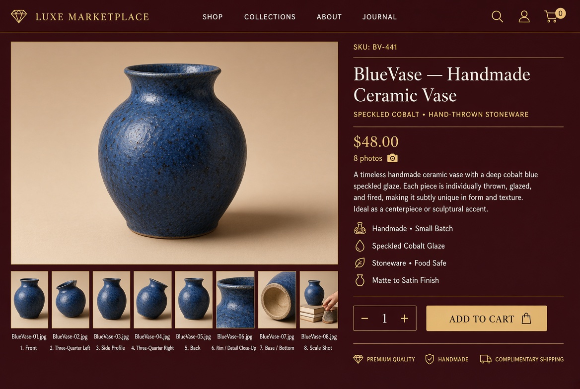 Luxury marketplace product page for BlueVase with eight numbered gallery photos