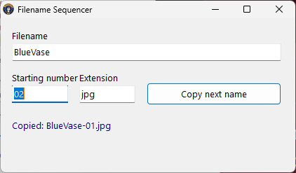 Filename Sequencer window showing BlueVase, starting number 02, extension jpg, and Copied: BlueVase-01.jpg