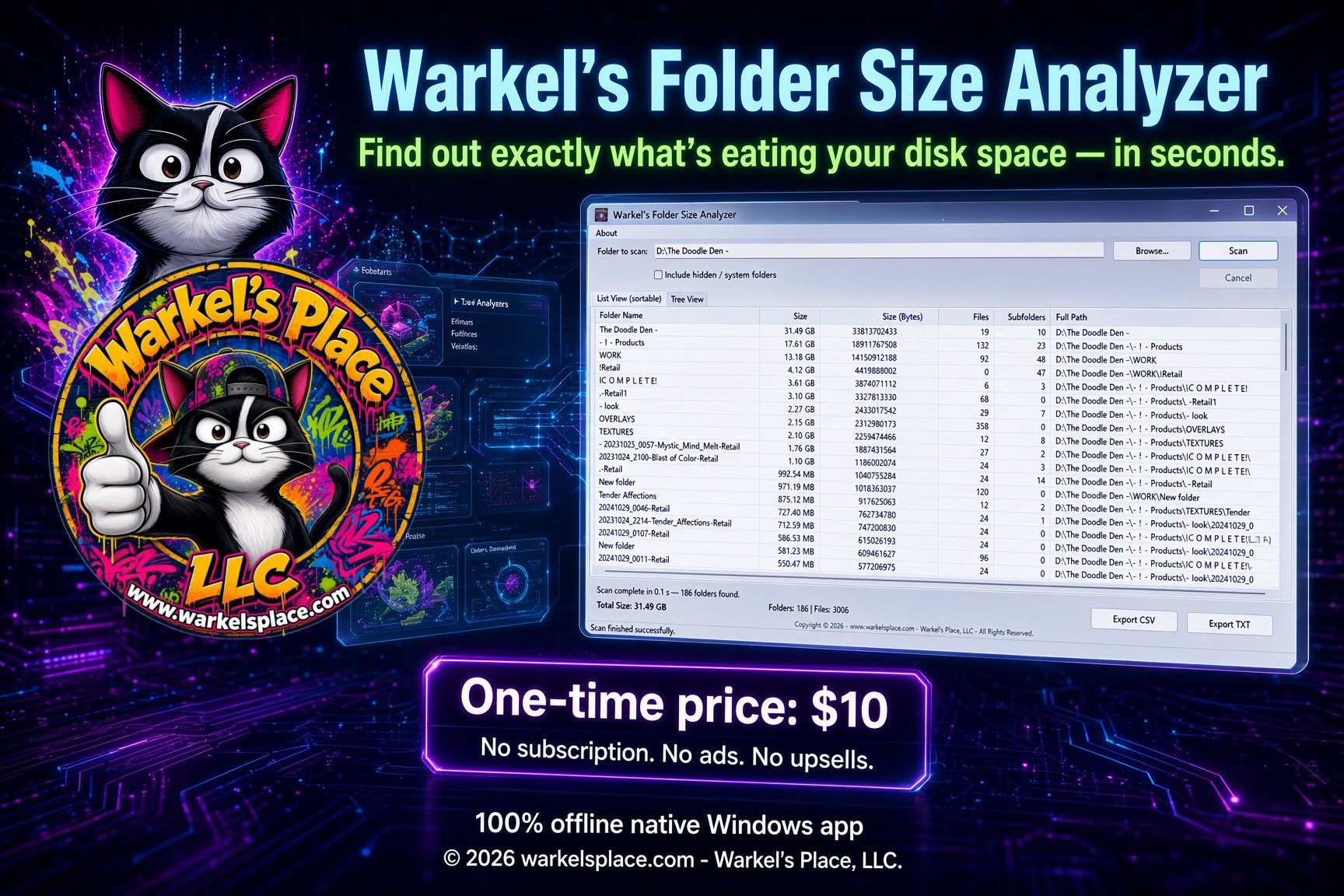 Warkel's Folder Size Analyzer — find out exactly what's eating your disk space in seconds. One-time price $10.