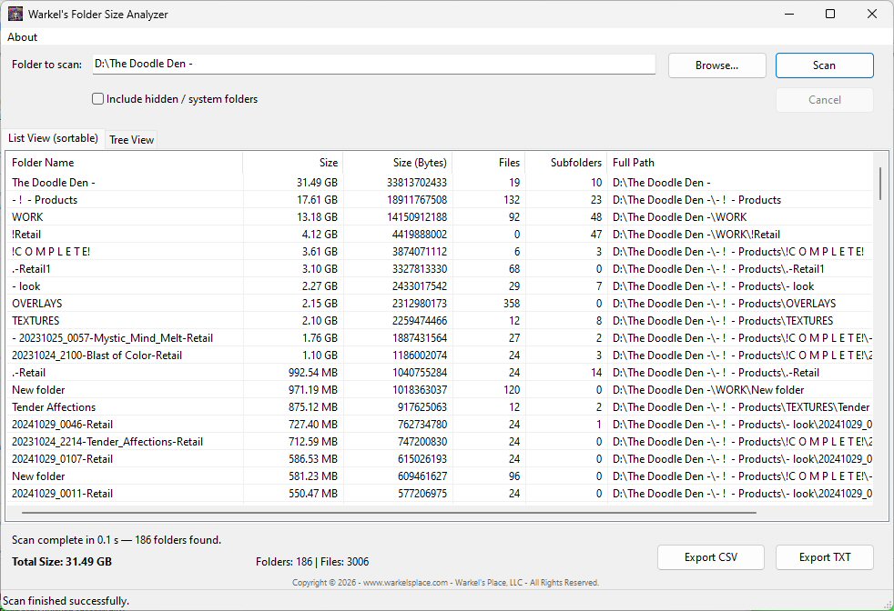 Warkel's Folder Size Analyzer running a scan — list view sorted by folder size