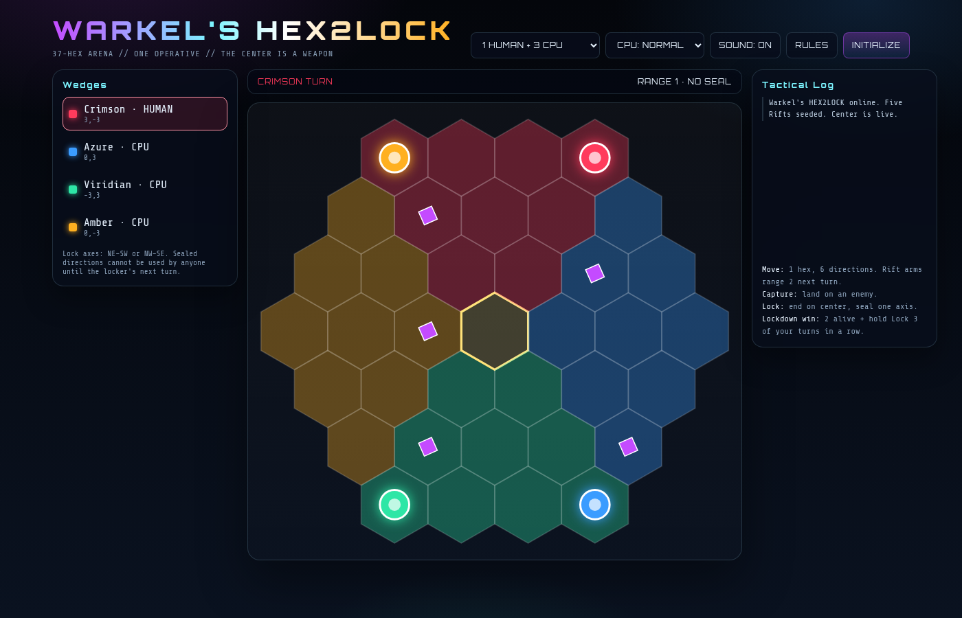 HEX2LOCK 37-hex arena with four operatives and Rifts