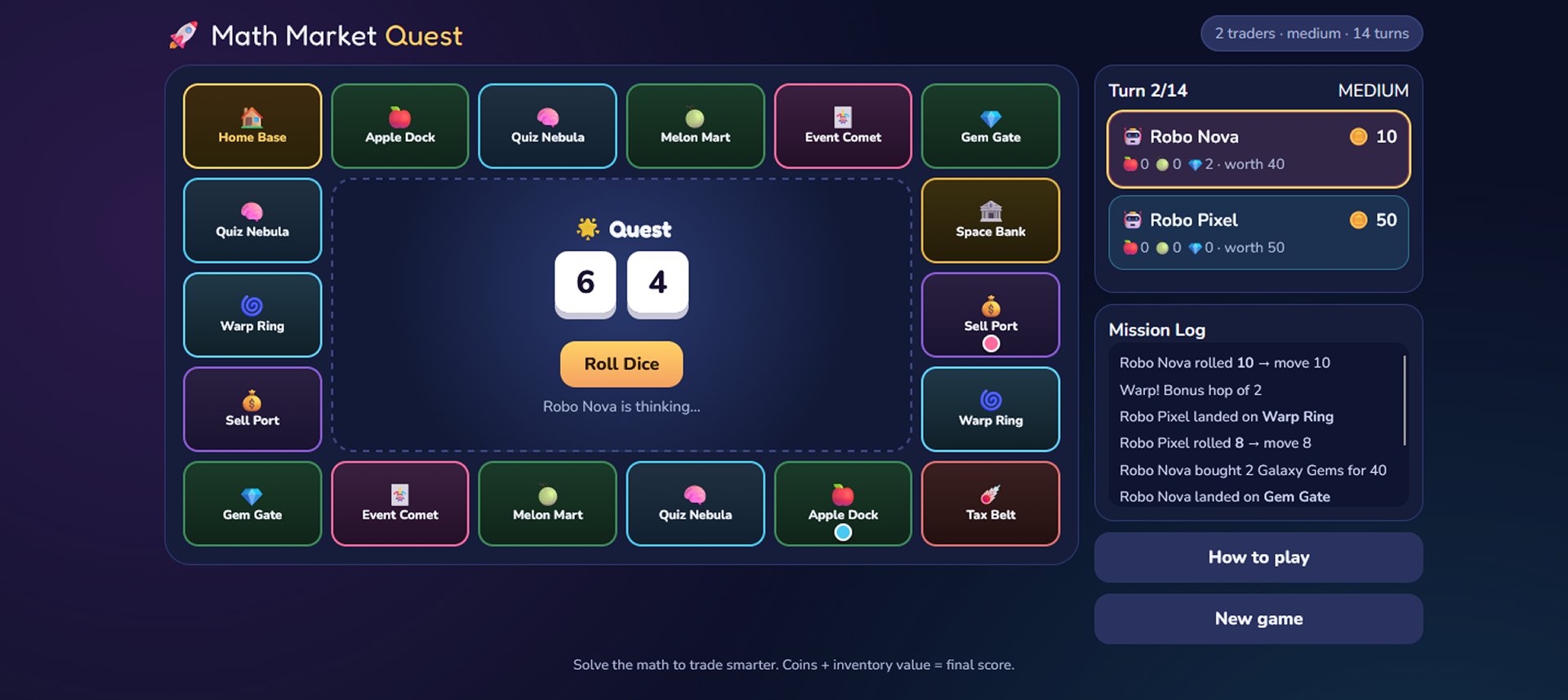 Live Math Market Quest game board
