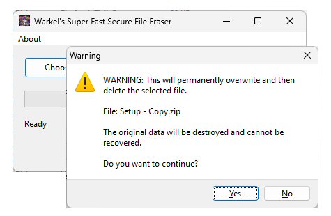 Warning dialog asking to permanently overwrite and delete the selected file