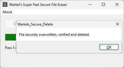 Success message: file securely overwritten, verified and deleted