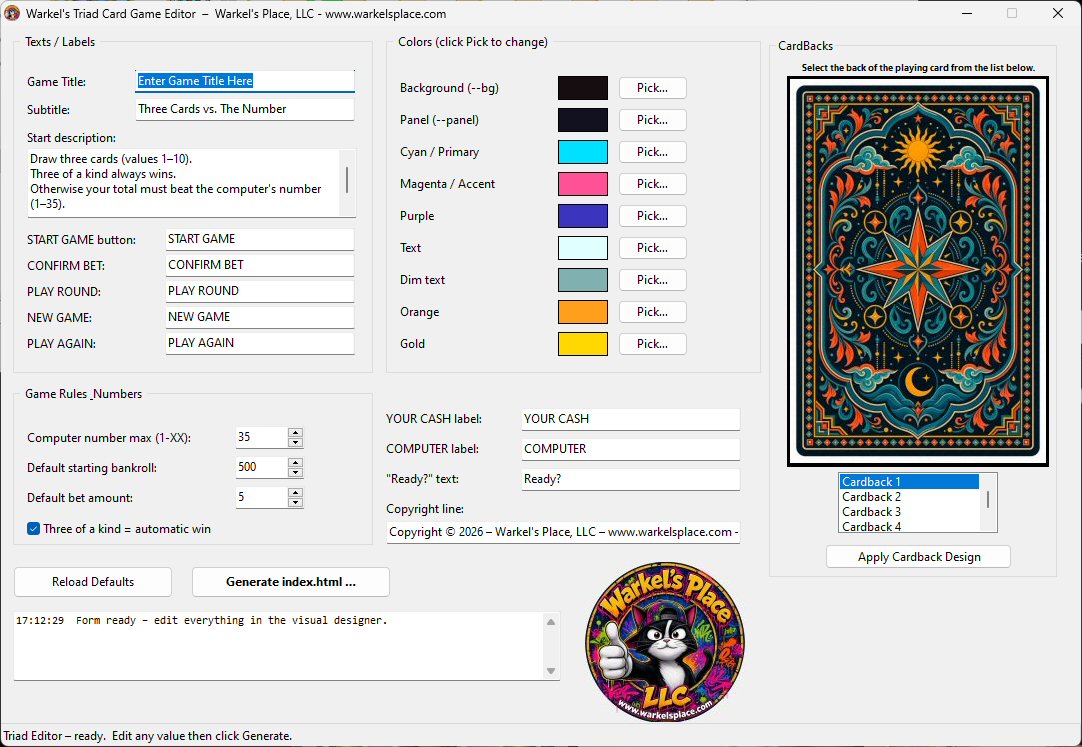 Warkel's Triad Card Game Editor Windows program interface