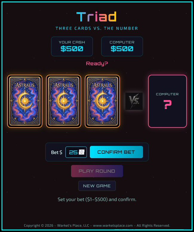 Triad gameplay — three card backs ready, bet $25, cash $500