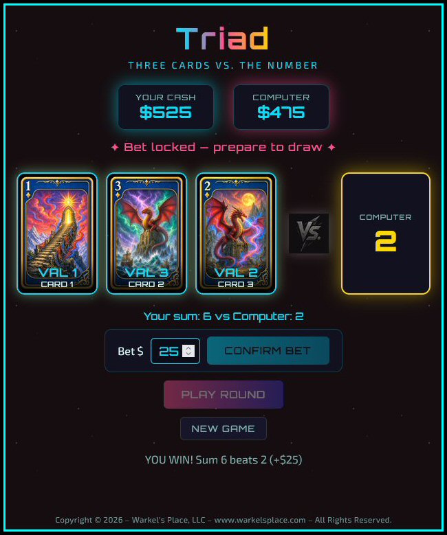 Triad gameplay — cards revealed, player sum 6 beats computer 2