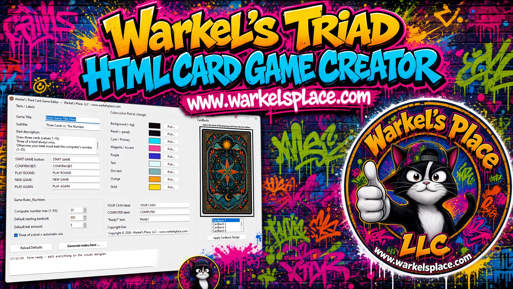 Warkel's Triad HTML Card Game Creator banner with editor window and Warkel's Place logo